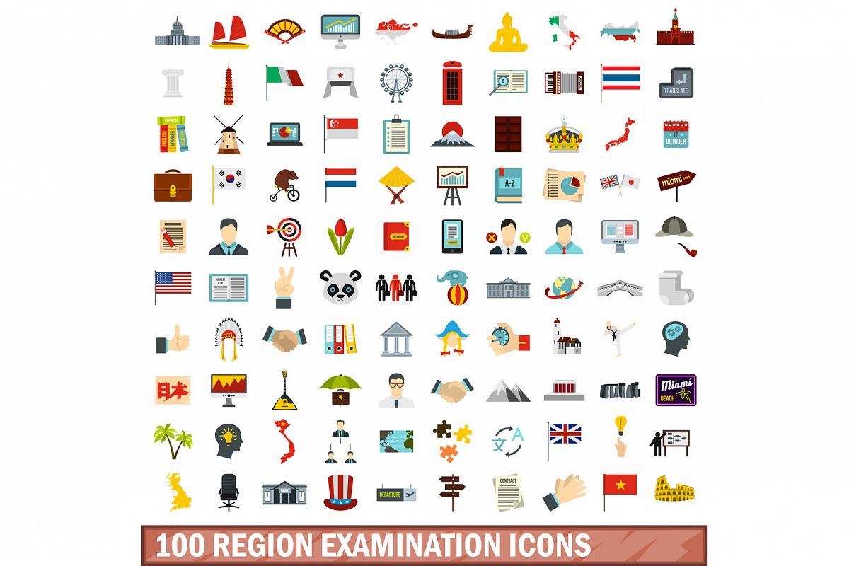 100 region examination icons set, flat style example image 1