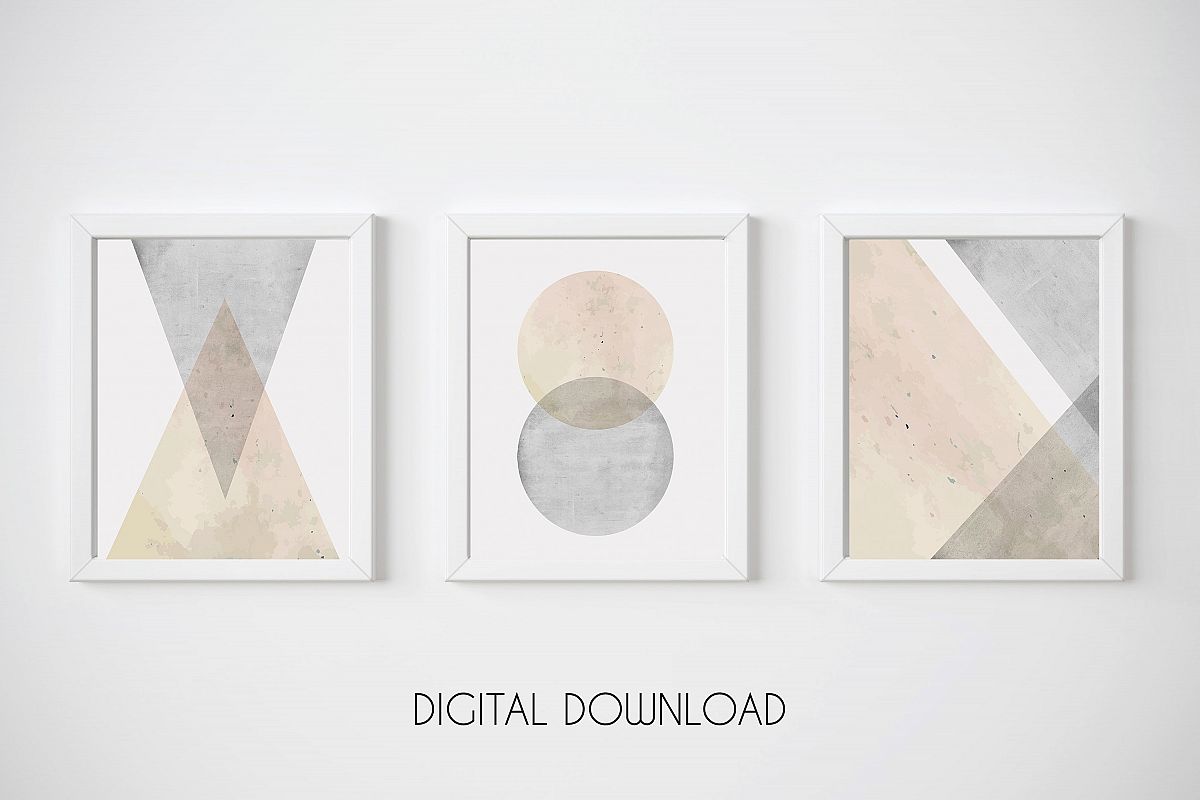Geometric Wall Art, Set of 3 Prints, Pink and Grey Wall Art example image 1