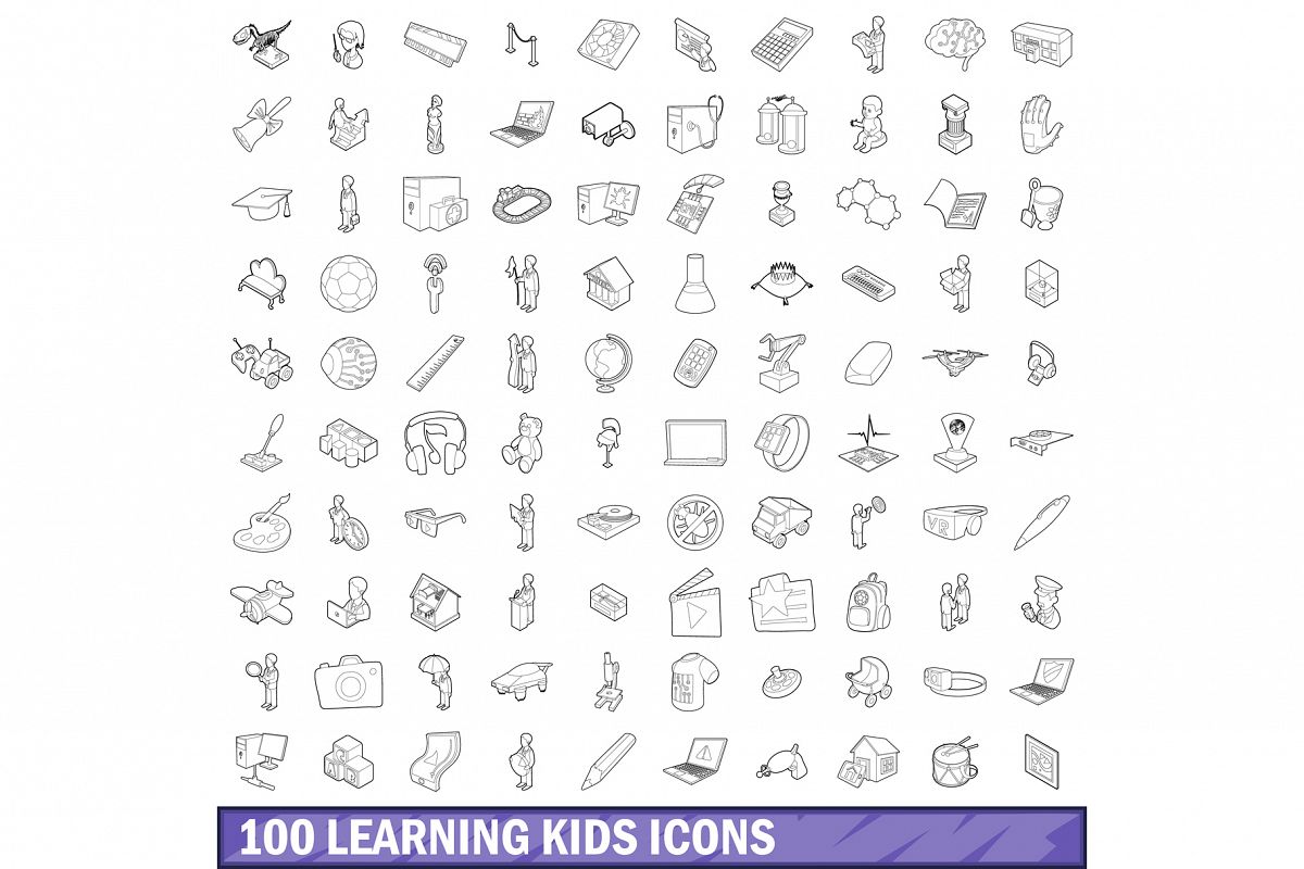 100 learning kids icons set, outline style example image 1