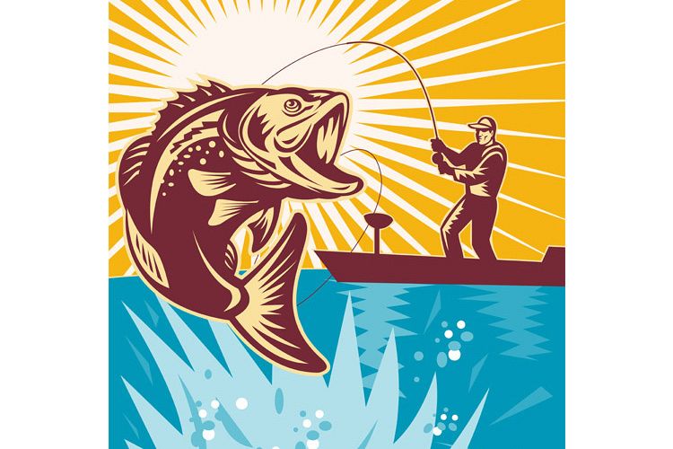 Largemouth Bass Fish Fly Fisherman Fishing rod example image 1