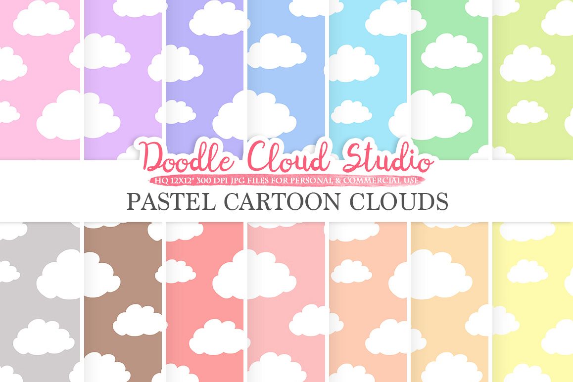 Pastel Cartoon Clouds digital paper, Cloud pattern, Digital Clouds, pastel colors background, Instant Download for Personal & Commercial Use example image 1