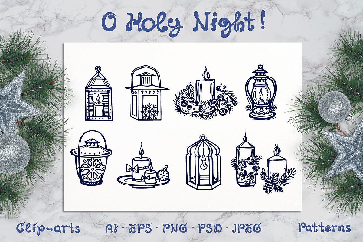 Hand drawn candles and lanterns, patterns and greeting cards example image 1