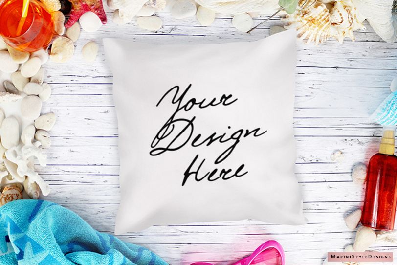 Summer Beach White Pillow Mockup, Black pillow mockup 961 example image 1