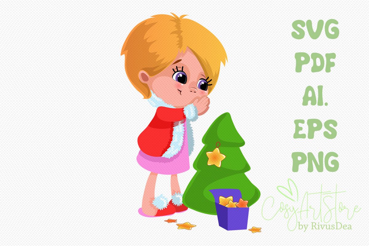Cute Girl decorating Christmas tree with star svg example image 1