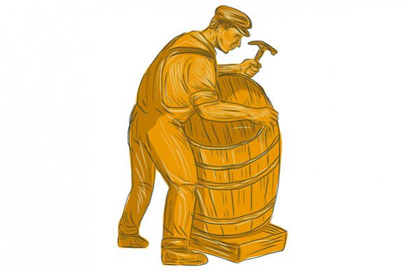 Cooper Making Wooden Barrel Drawing example image 1