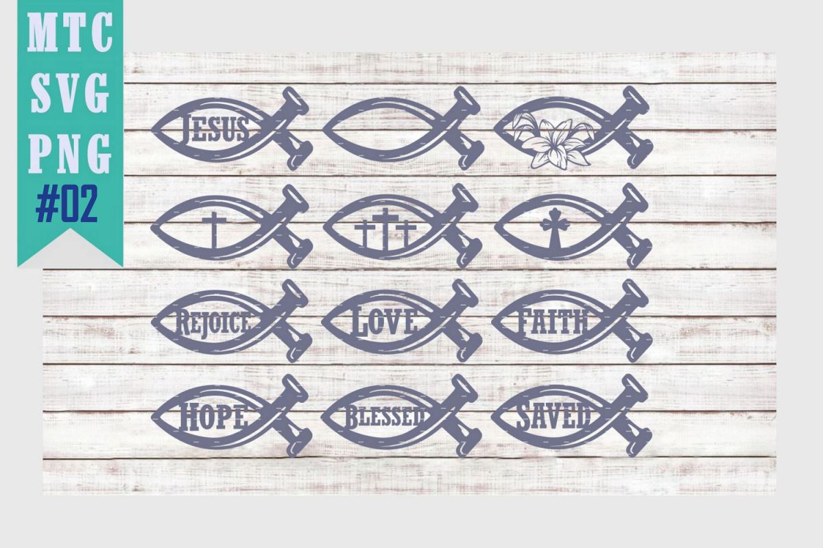 Jesus Fish Symbol Set #02 Bundle of 12 SVG Cut File example image 1