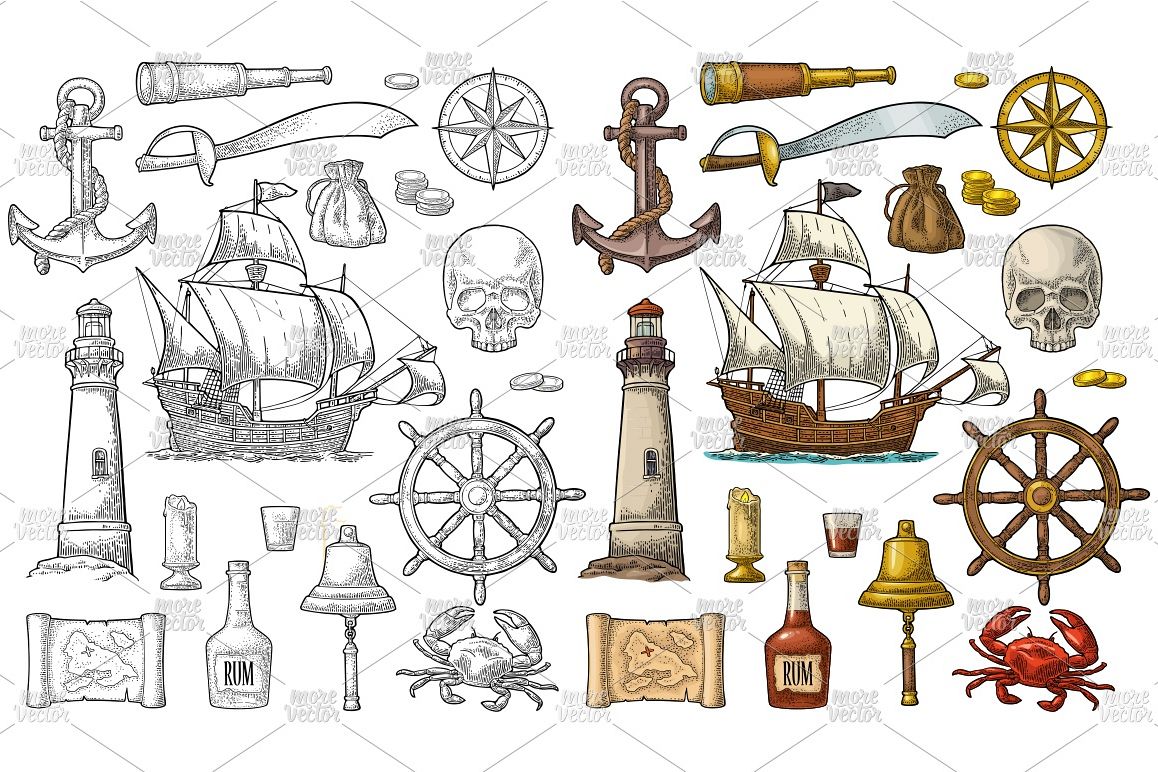 Set pirate adventure. Vector vintage engraving isolated example image 1