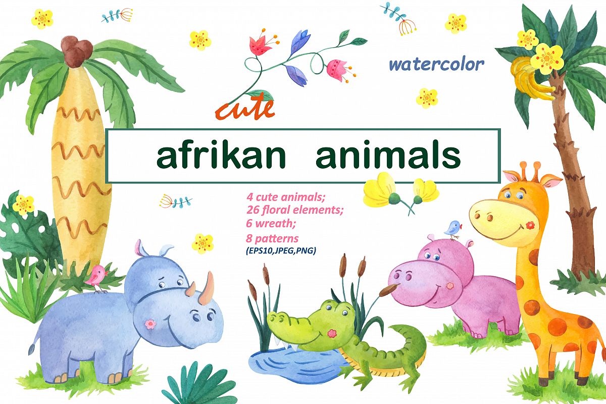 Cute afrikan animals.Watercolor set. example image 1