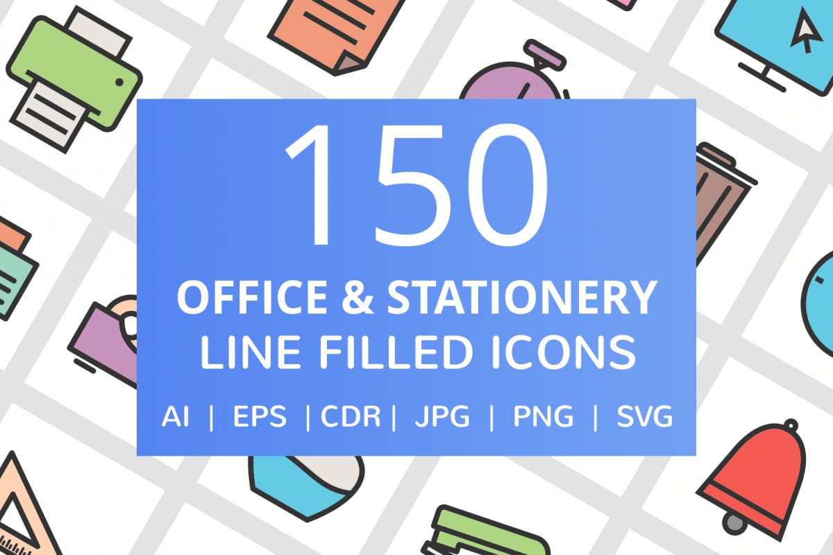 150 Office & Stationery Filled Line Icons example image 1