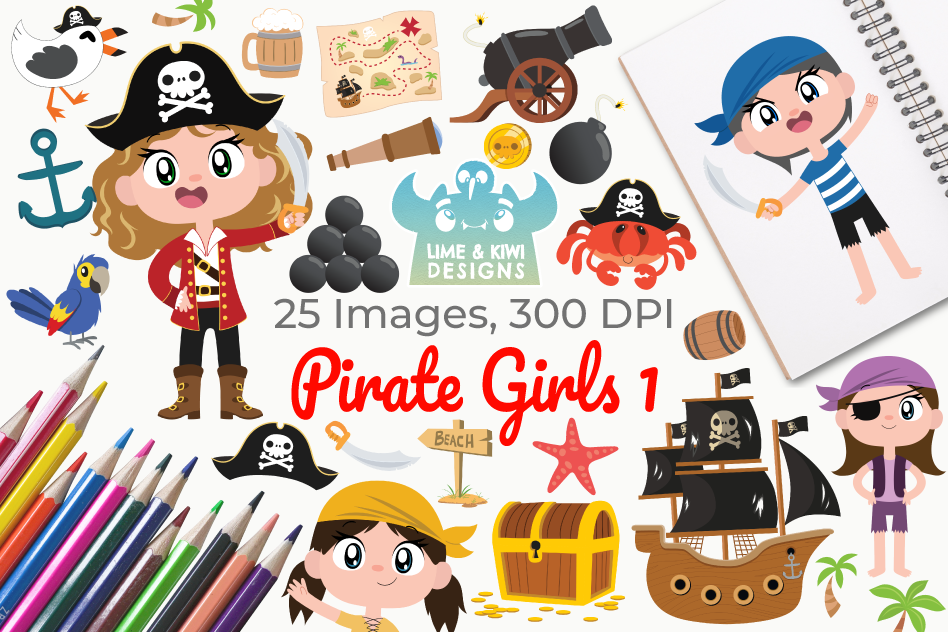 Pirate Girls 1 Clipart, Instant Download Vector Art example image 1