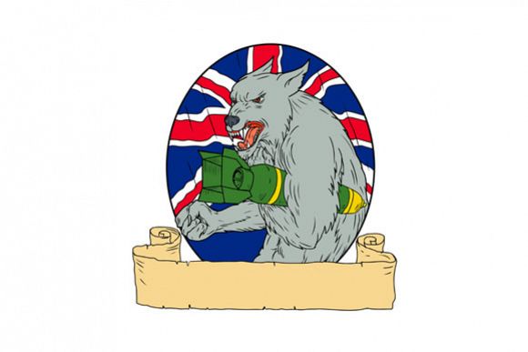 Grey Wolf Holding Bomb Union Jack Drawing example image 1
