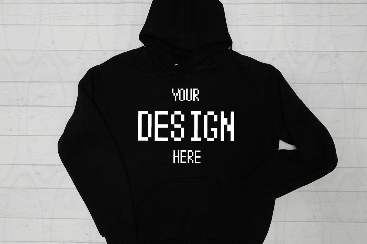 Hooded Sweatshirt Brand Black hoodie Mockup White Wooden example image 1
