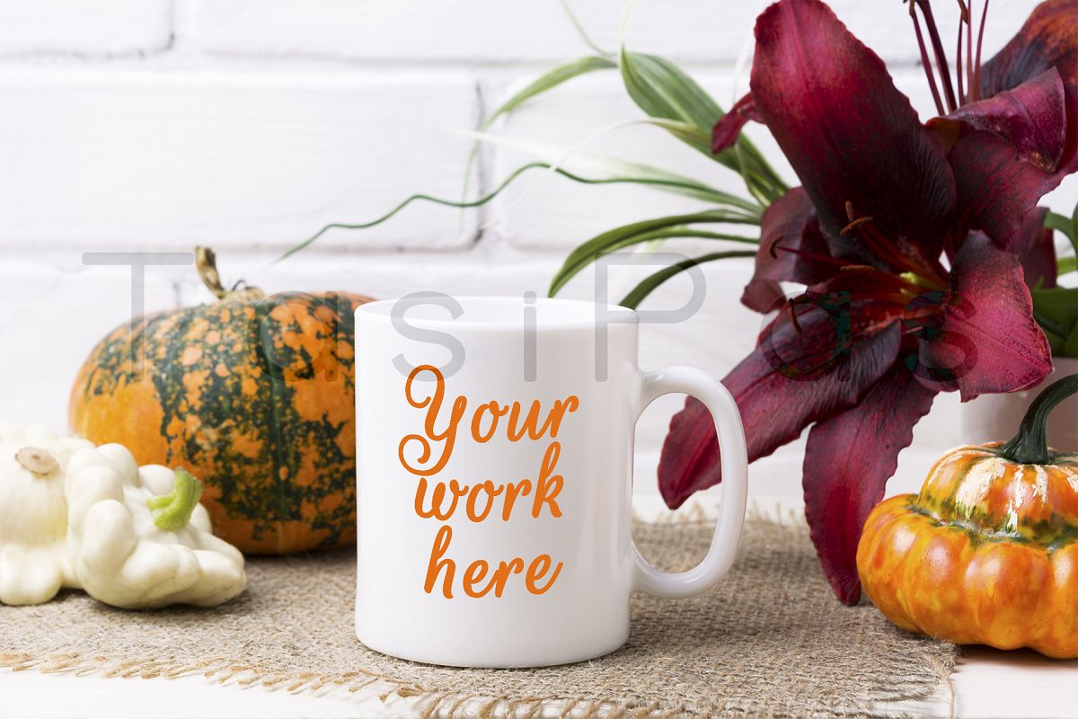 White coffee mug mockup with pumpkin example image 1