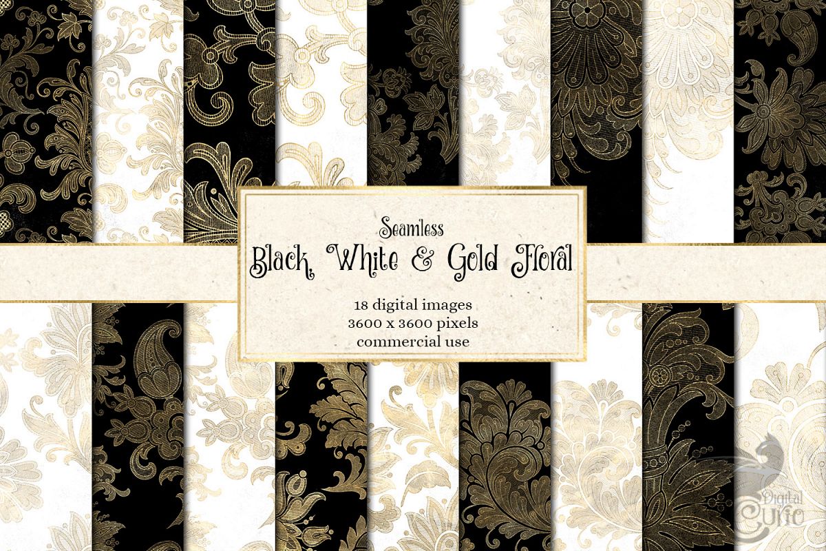Black White and Gold Floral Digital Paper example image 1