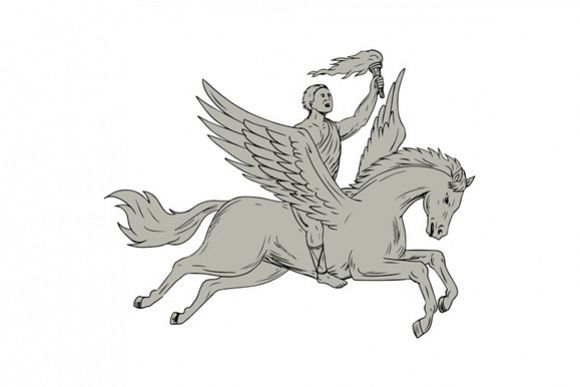 Bellerophon Riding Pegasus Holding Torch Drawing example image 1