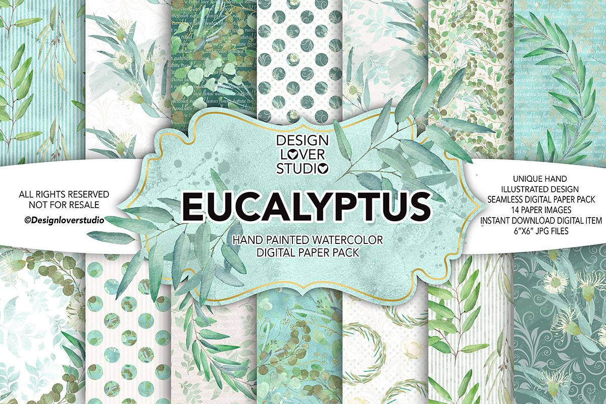Watercolor EUCALYPTUS digital paper pack example image 1