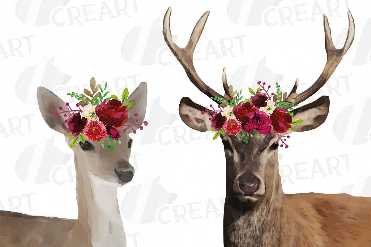 Deer couple with floral burgundy crown match shirt clip art example image 1