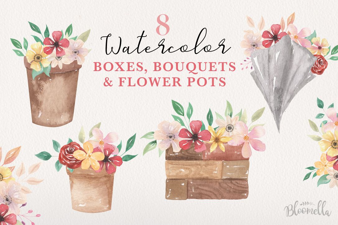 Floral 8 Bouquets Boxes, Flower Pots Watercolor Elegant example image 1