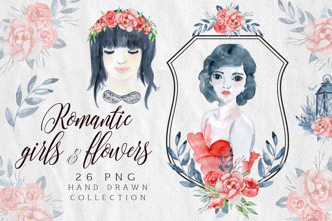 Romantic girls & flowers Love clipart example image 1