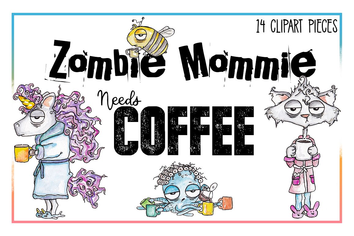 Coffee Clipart, Sublimation, Zombie, Mombie, PNG, Unicorn example image 1