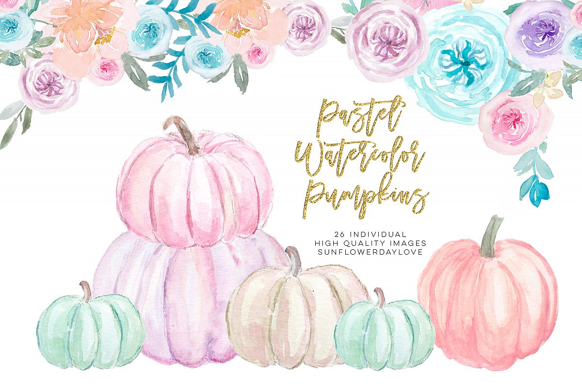 Pastel Pumpkins Watercolor Cliparts, Autumn Cliparts example image 1