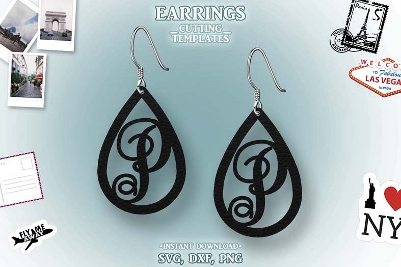 Letter P, Teardrop Monogram Earrings, SVG, Cut File, Cricut example image 1