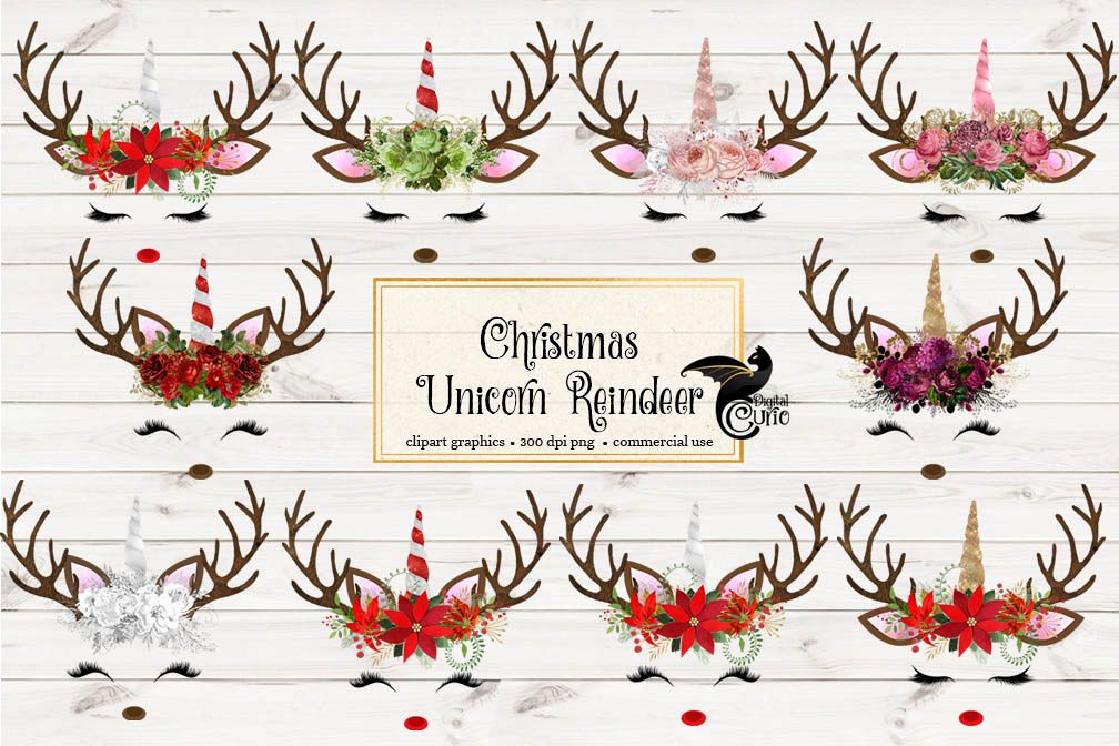 Christmas Unicorn Reindeer Clipart example image 1