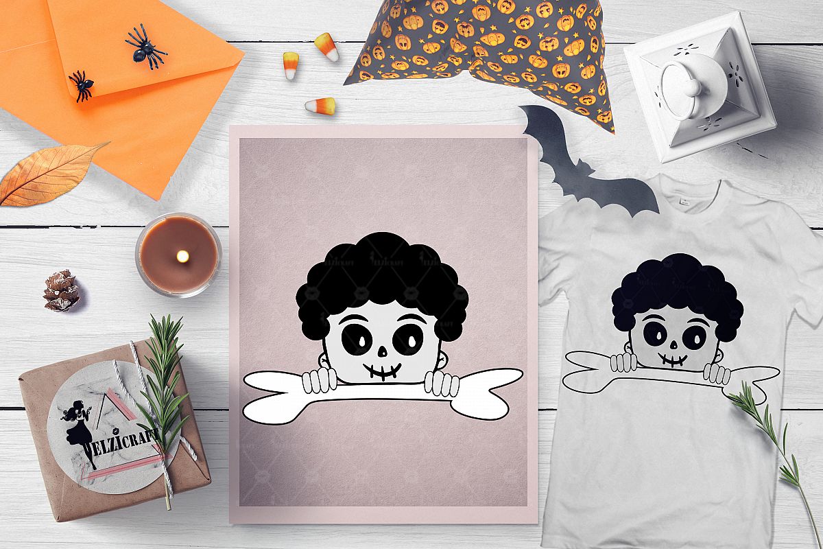 Halloween Afro Peeking Bone Skeleton Boy Face SVG Cut File example image 1