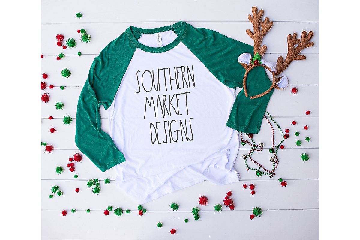 Bella Canvas 3200 Green Christmas Raglan Mock Up Stock Photo example image 1