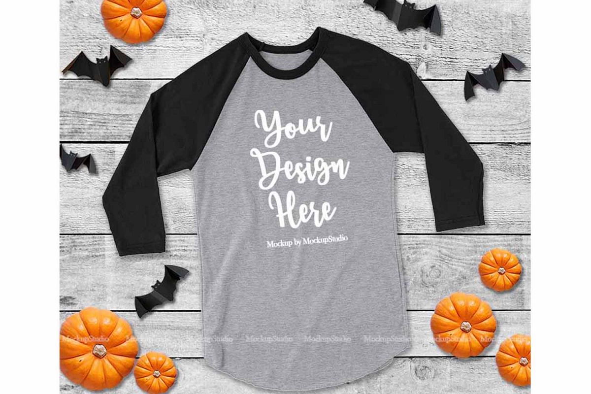 Download Fall Halloween Raglan Jersey Tshirt Black and Gray Mock Up ...