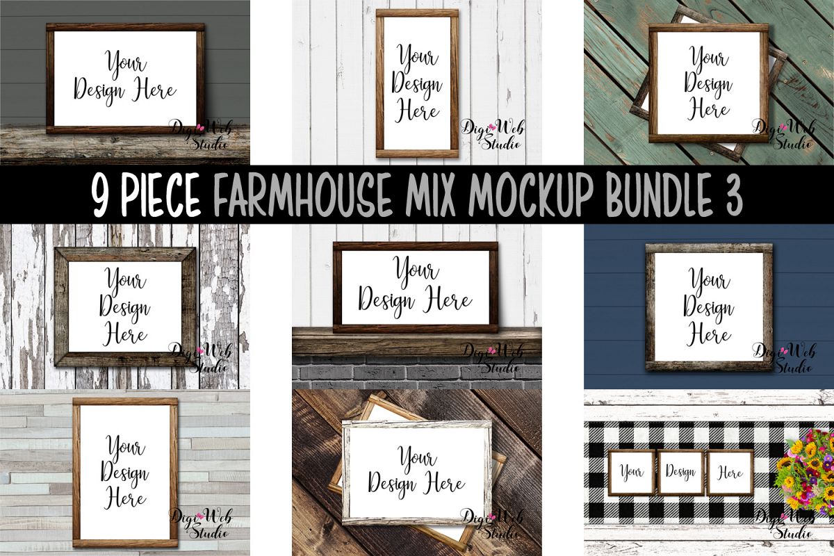 Wood Signs Mockup Bundle - 9 Wood Frames Farmhouse Mix 3 example image 1