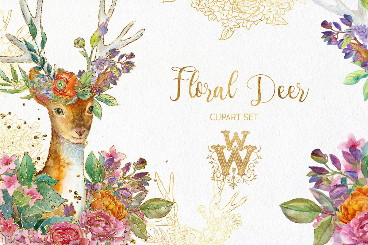 Watercolor floral deer printable clipart, golden graphics example image 1