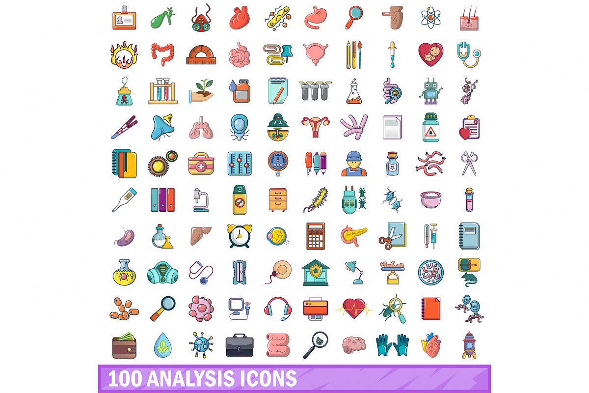 100 analysis icons set, cartoon style example image 1