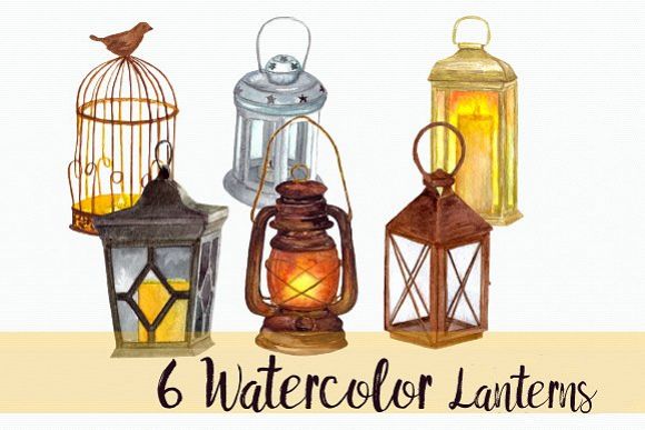 6 Watercolor Lanterns - Clip Art Set example image 1