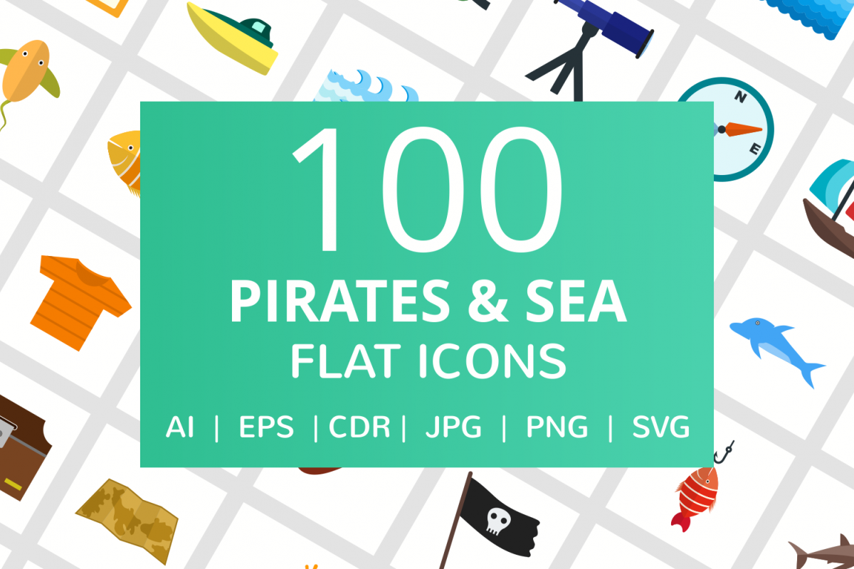 100 Pirate & Sea Flat Icons example image 1