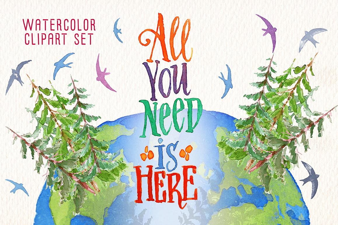 Happy earth day watercolor clip art set