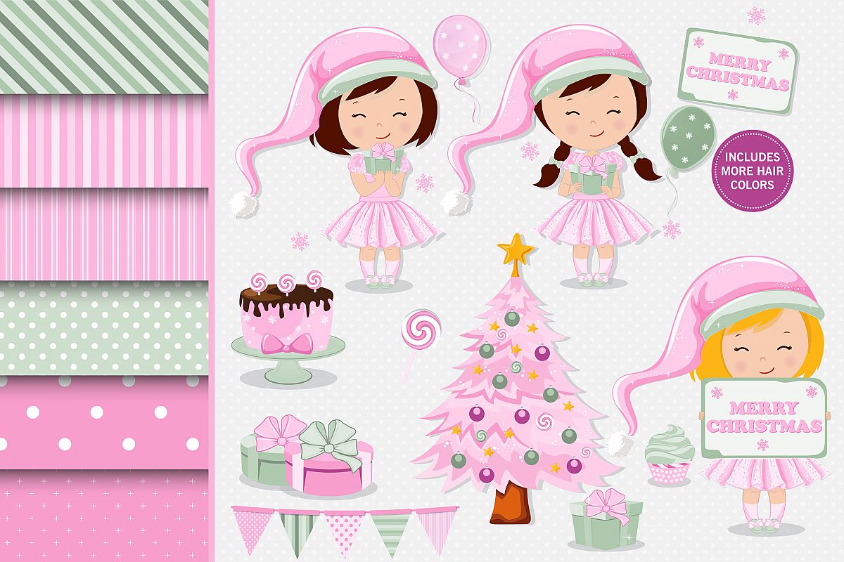 Christmas girl illustration, Christmas digital papers example image 1