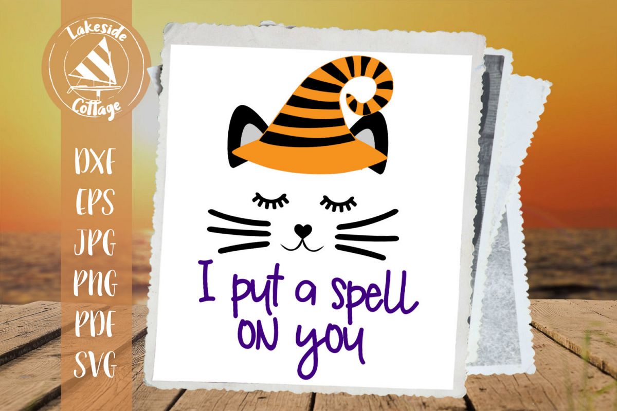 I Put a Spell on You Halloween Cat Face in Witch Hat SVG example image 1
