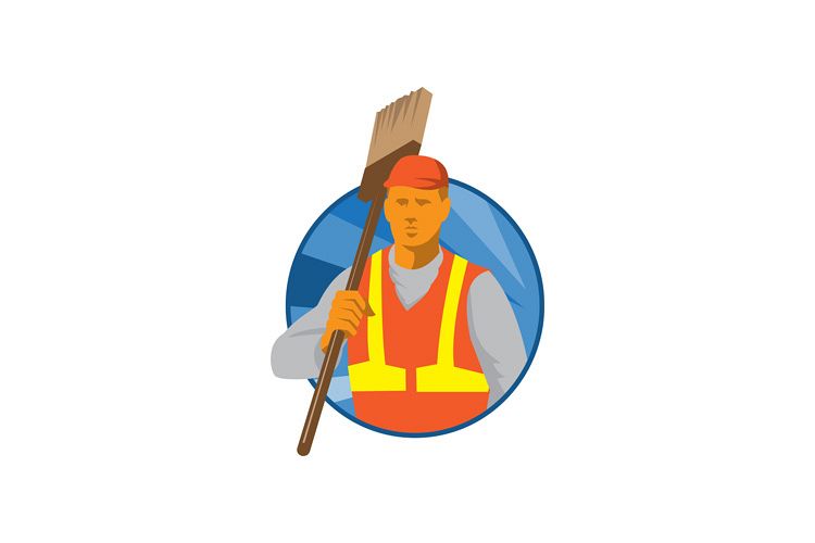 janitor cleaner sweeper with broom retro example image 1