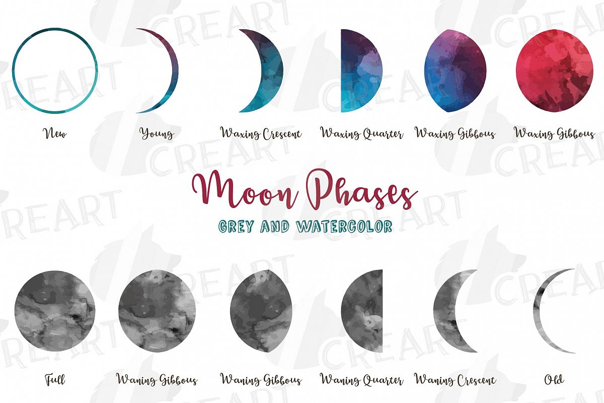 Watercolor space blue and grey Moon Phases clip art pack example image 1