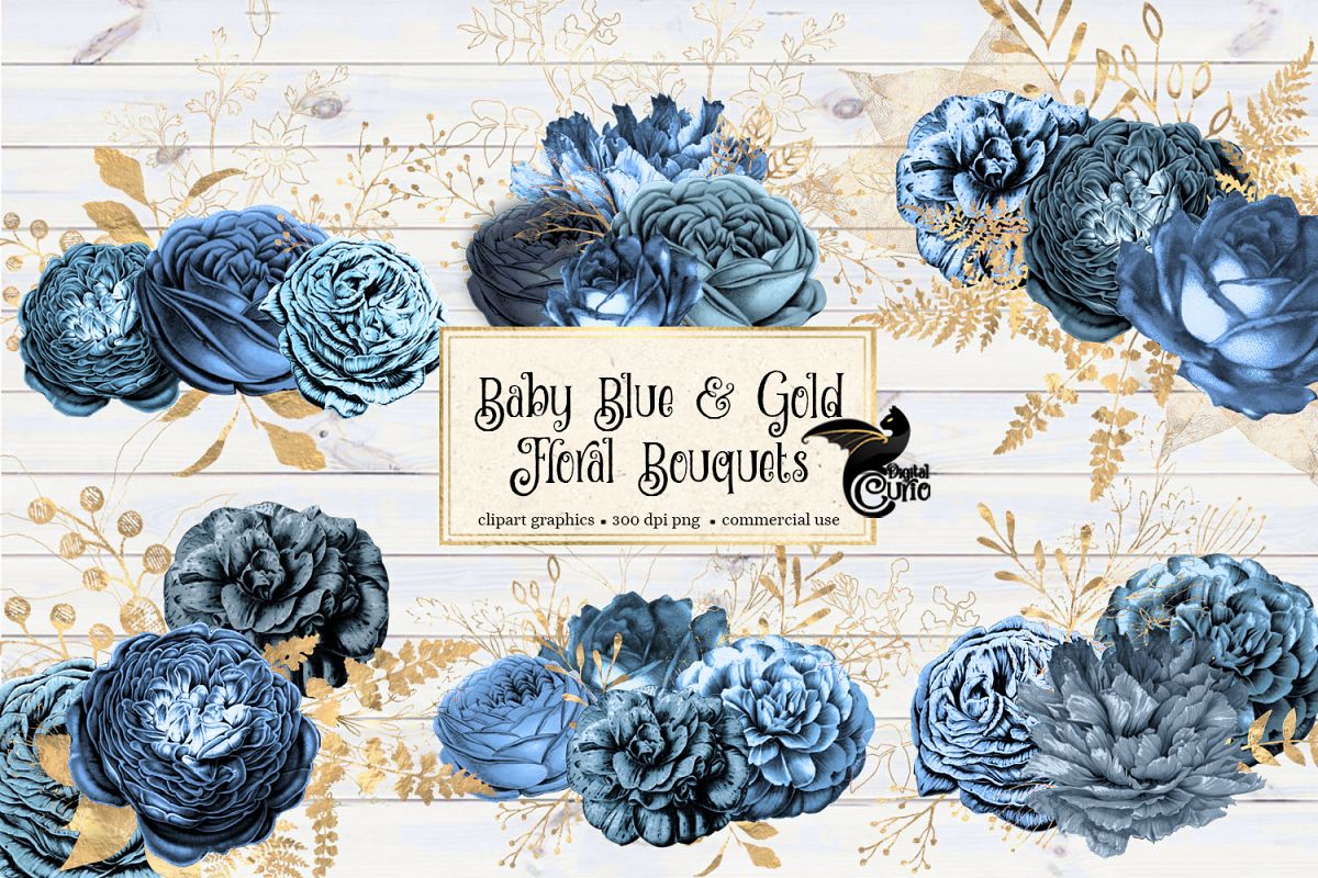 Baby Blue and Gold Floral Clipart example image 1