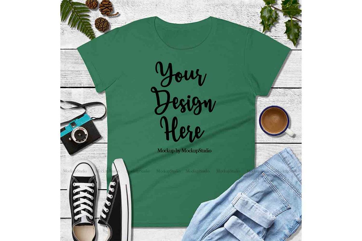 Green Shirt Mock Up, Anvil 880 Tshirt Mockup Flat Lay example image 1
