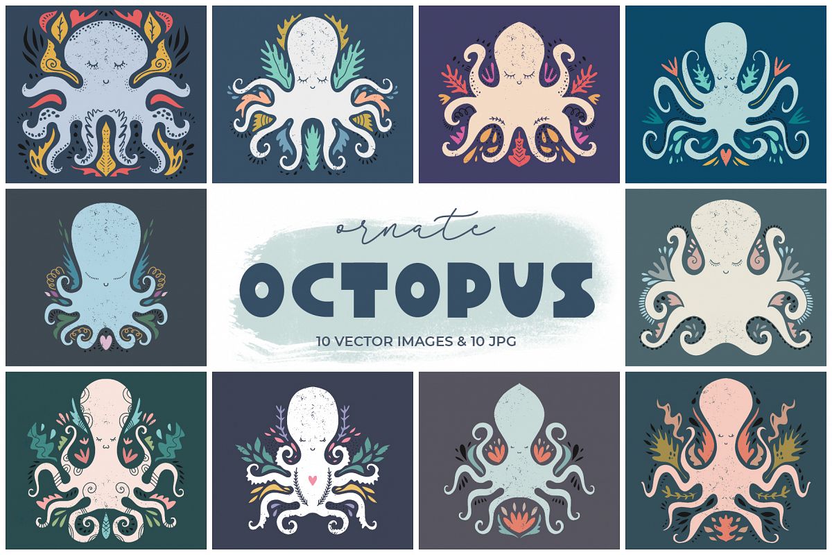 Cartoon stylized octopuses clip art set example image 1