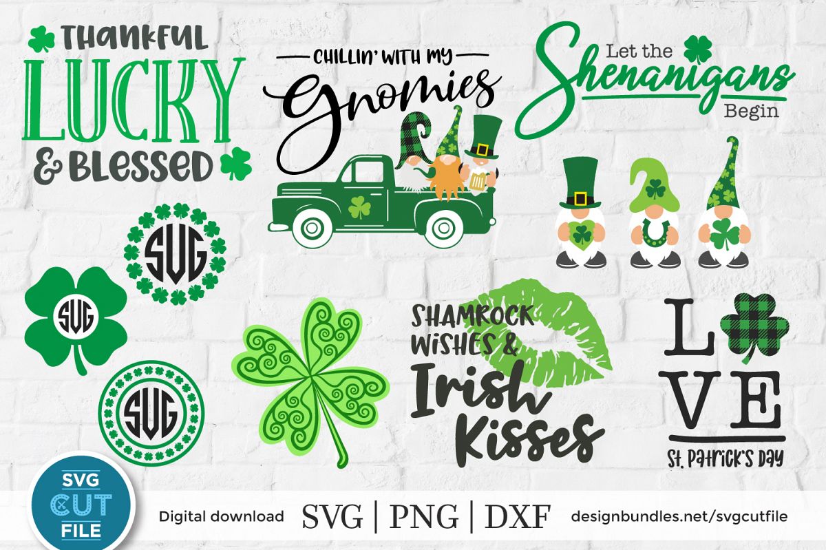 Download St Patricks Day SVG bundle with irish gnomes and shamrocks