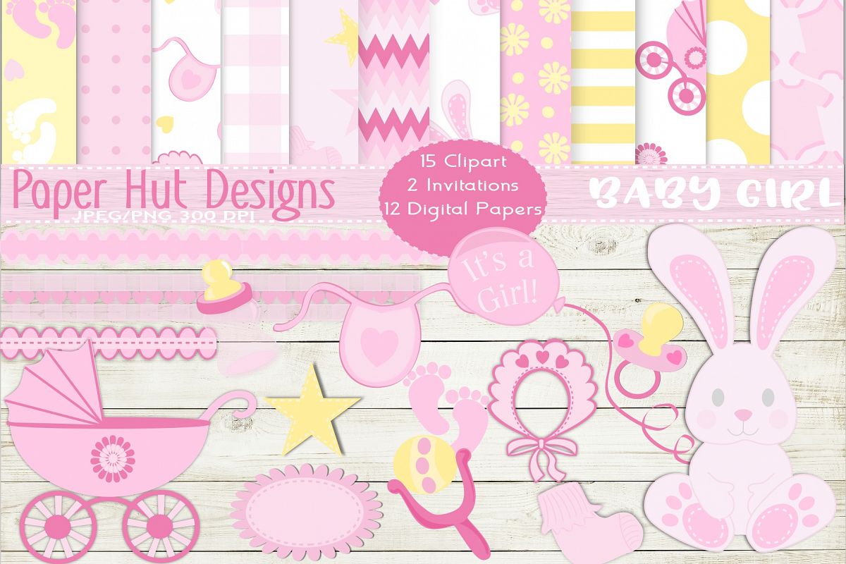 Baby Girl Clipart and Digital Papers Set example image 1