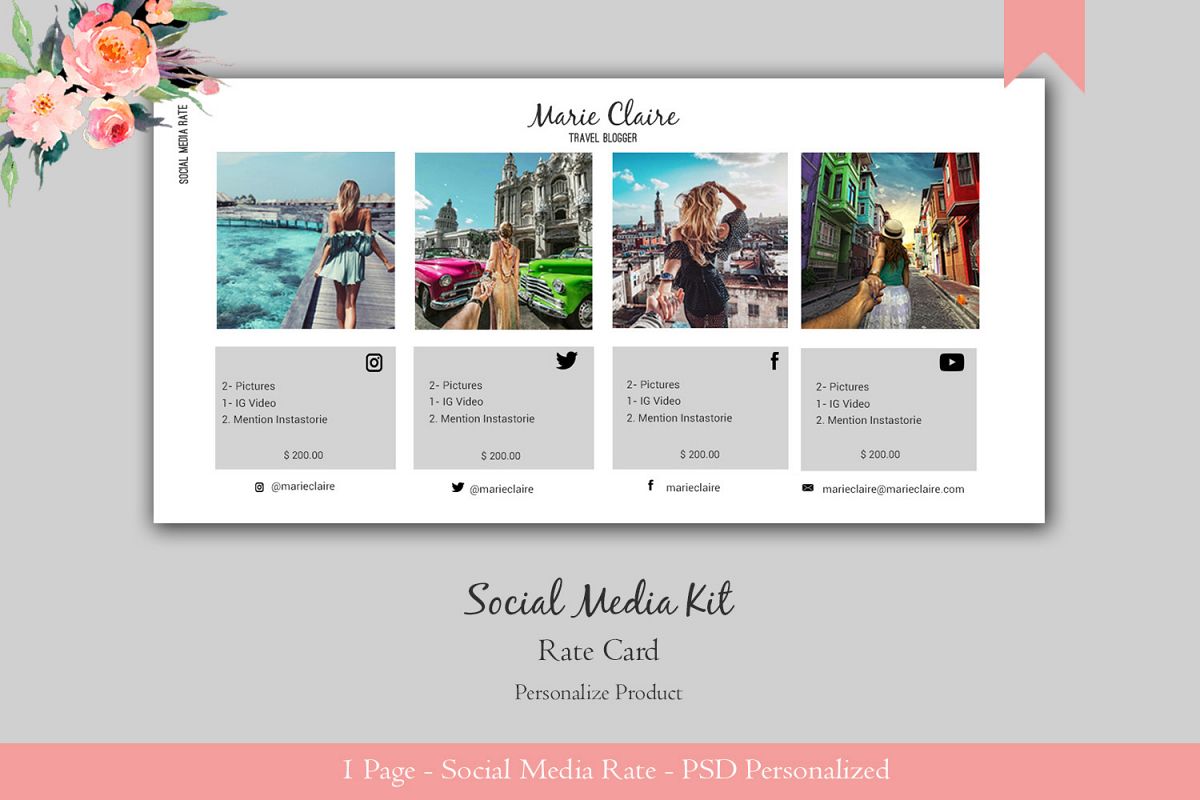 Travel Social Media Kit PSD. 1 Page easy to edit. (191972) Branding