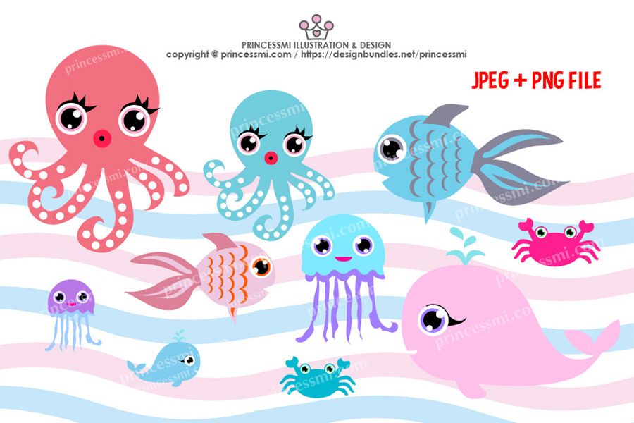 Collection of ocean Octopus, Goldfish Whale crab, Jellyfish example image 1