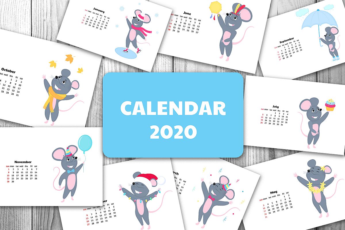 Funny mouse. Cute rats. Wall and desk calendars for 2020 example image 1