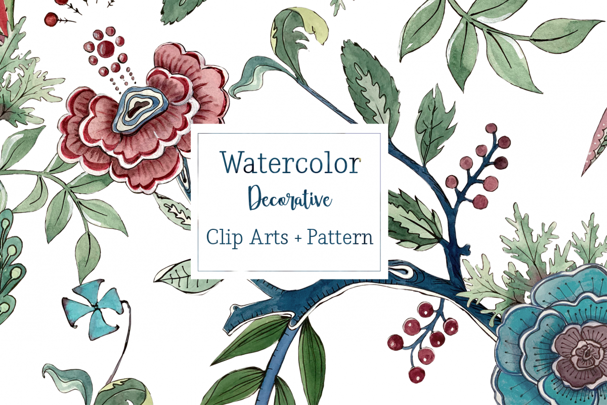 Watercolor Decorative Clip Art Set & Pattern example image 1