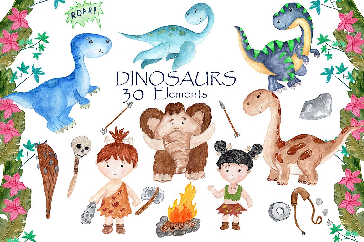 Watercolor Dinosaur Clipart example image 1